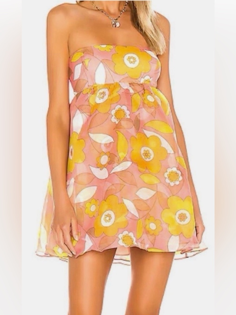 Selkie Strapless Cupcake Dress with Pink Flora and Yellow Accents